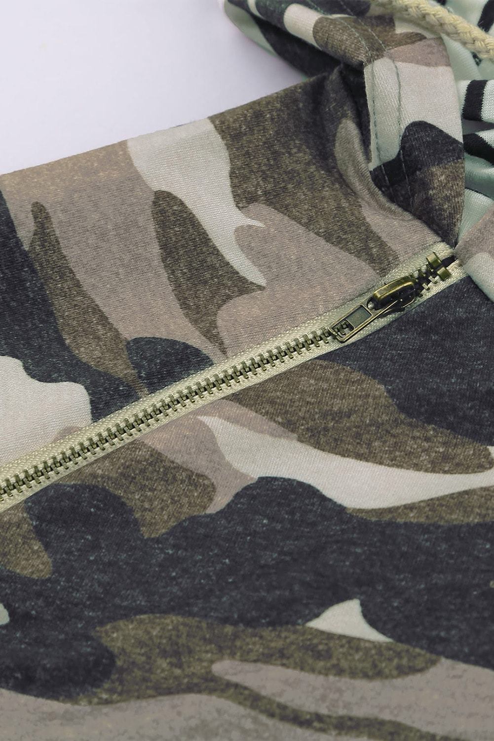 Camouflage Zipper Collar Striped Doublehood Sweatshirt featuring a stylish camo print and black stripe accents, perfect for casual wear.