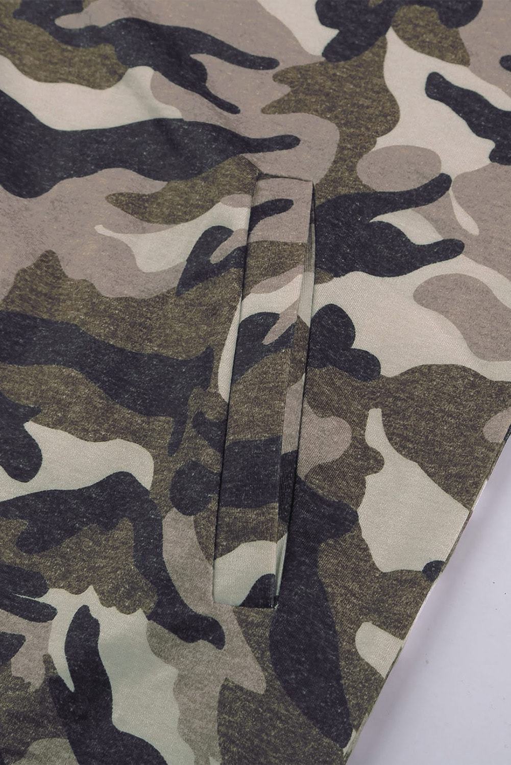 Camouflage Zipper Collar Striped Doublehood Sweatshirt featuring a stylish camo print and black stripe accents, perfect for casual wear.