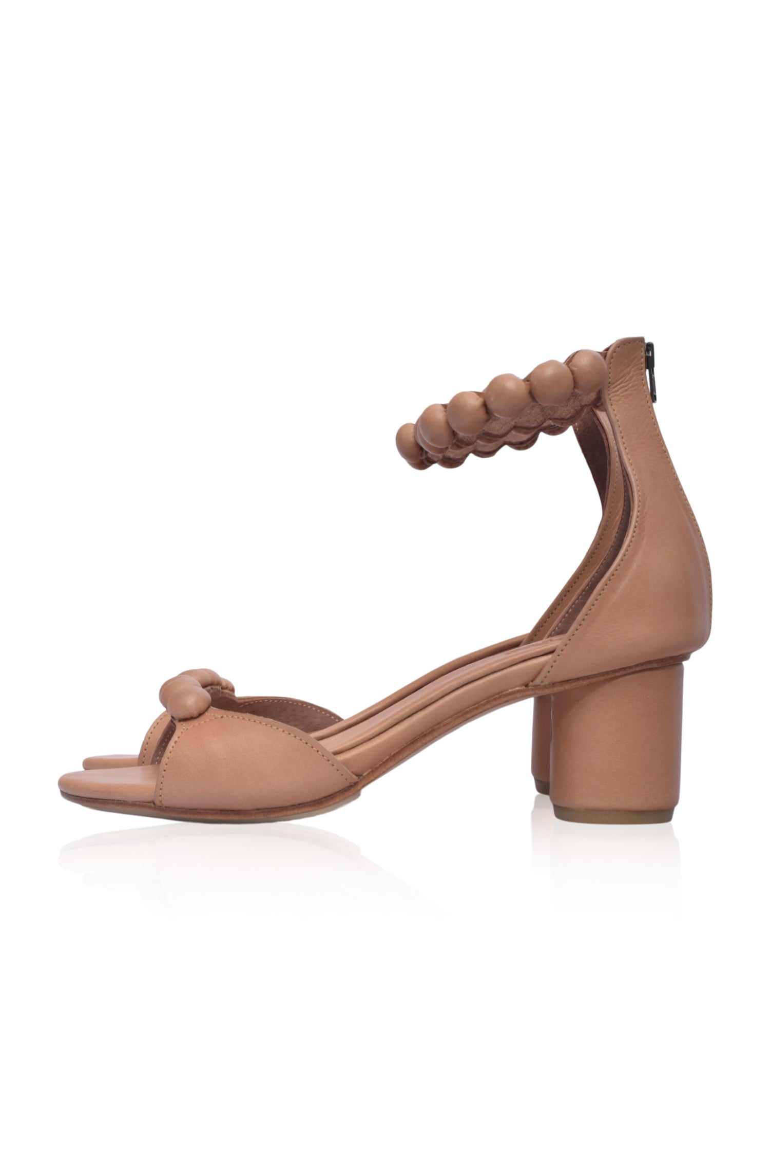 Candy Round Heel Sandals featuring leather-covered buttons and a lightweight wooden heel, perfect for summer outfits.