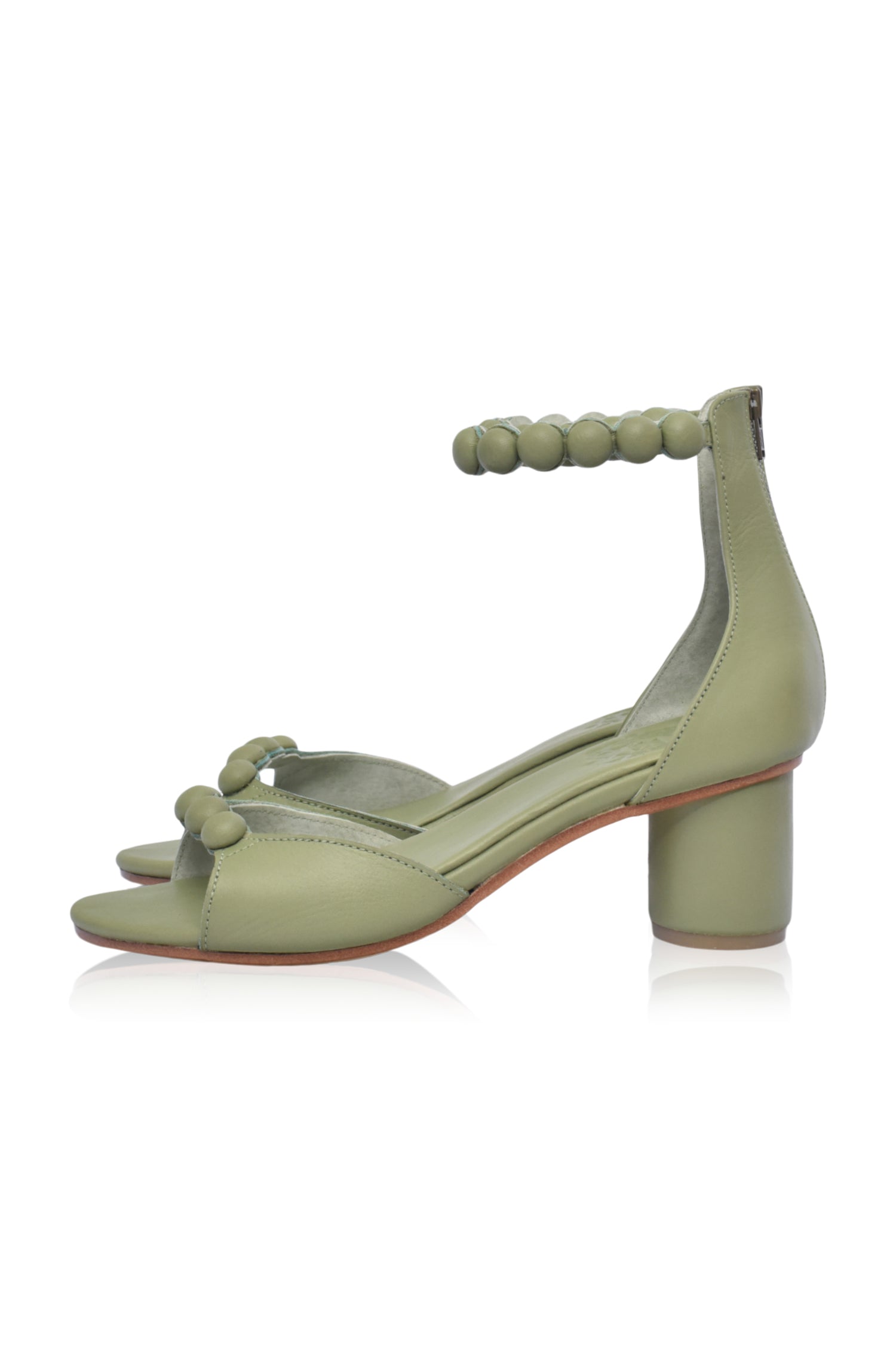 Candy Round Heel Sandals featuring leather-covered buttons and a lightweight wooden heel, perfect for summer outfits.