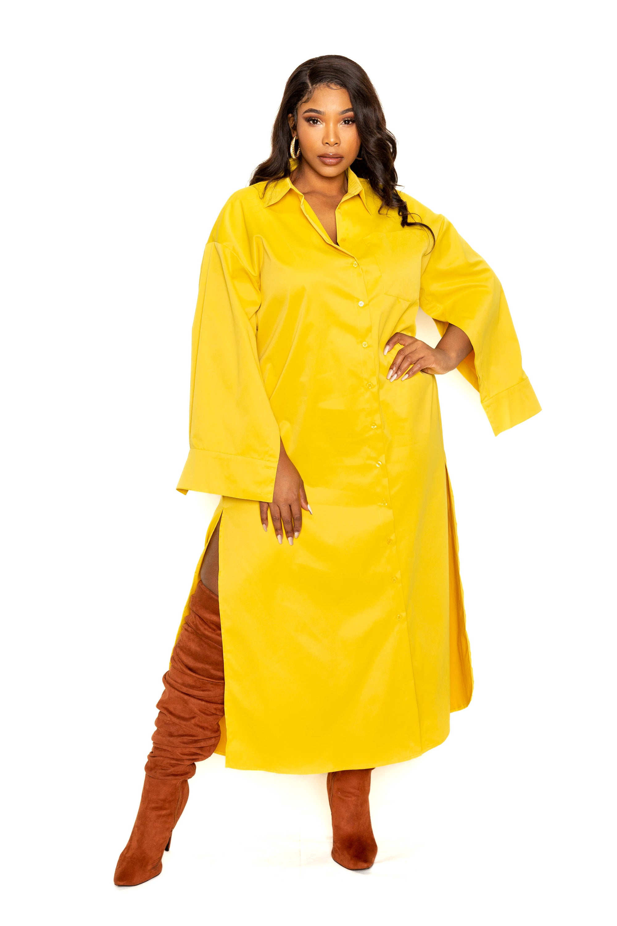 A stylish mustard cape sleeve shirt dress, showcasing elegant design and comfortable fit, perfect for plus sizes.