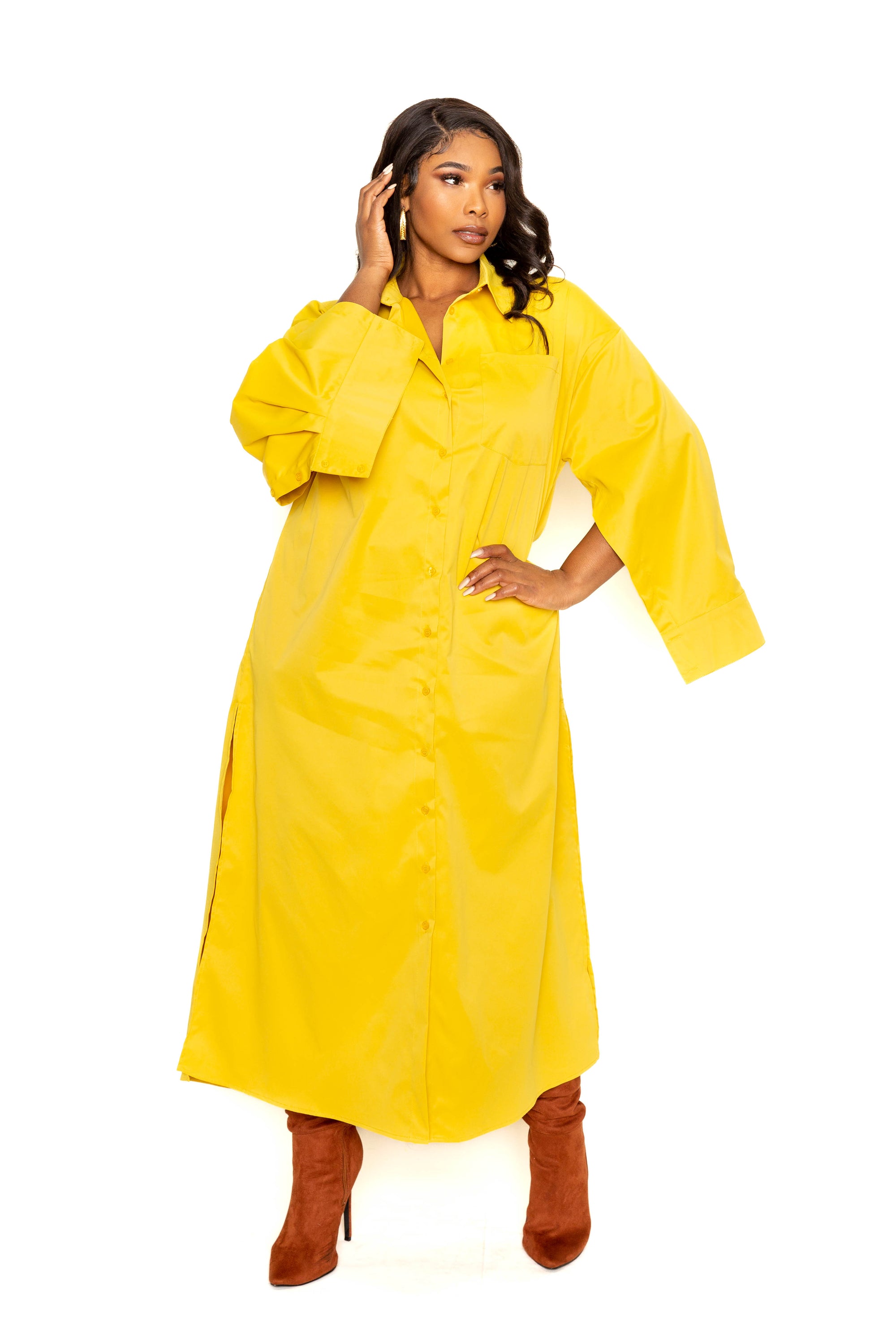 A stylish mustard cape sleeve shirt dress, showcasing elegant design and comfortable fit, perfect for plus sizes.