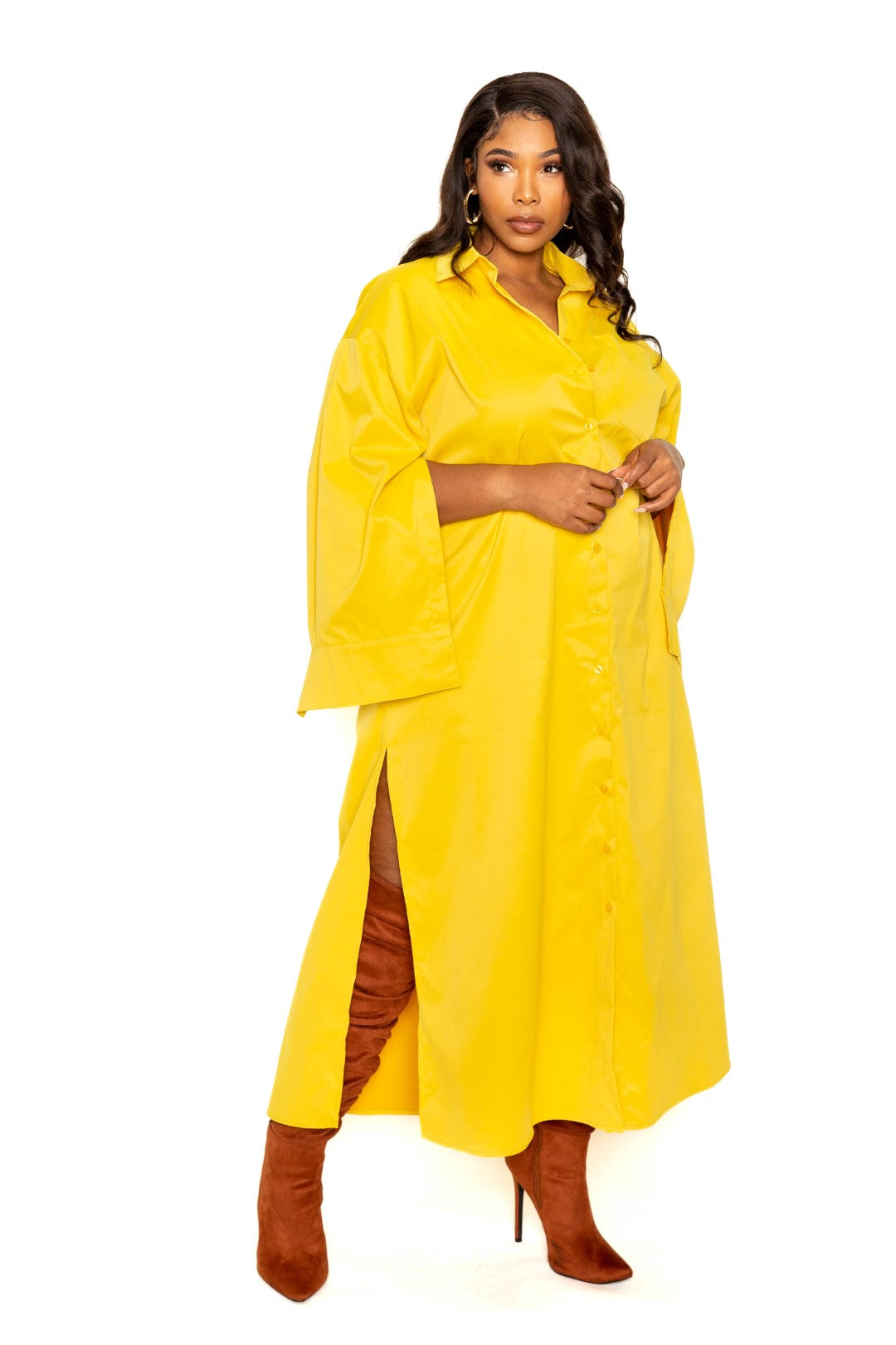 A stylish mustard cape sleeve shirt dress, showcasing elegant design and comfortable fit, perfect for plus sizes.