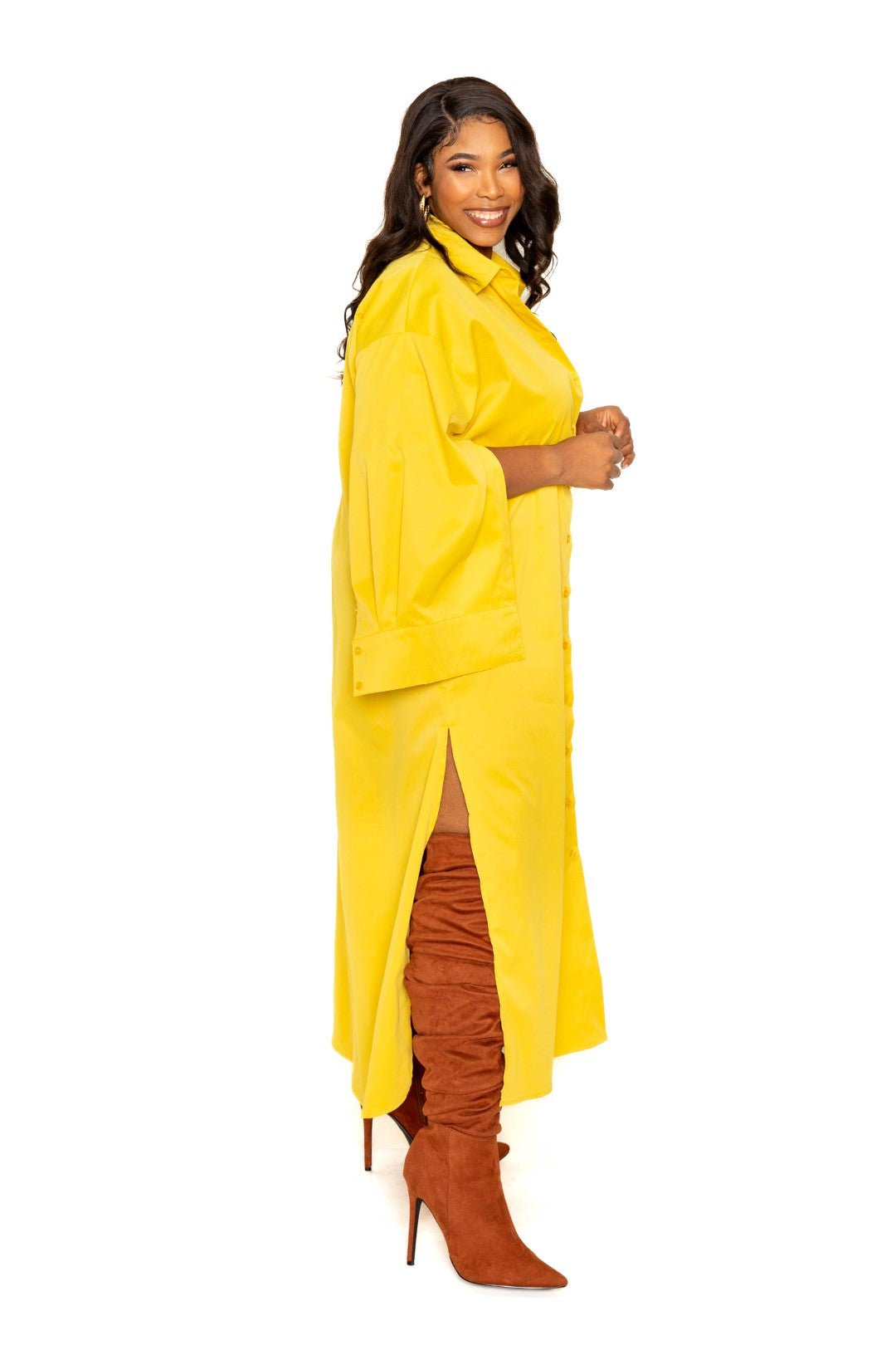 A stylish mustard cape sleeve shirt dress, showcasing elegant design and comfortable fit, perfect for plus sizes.