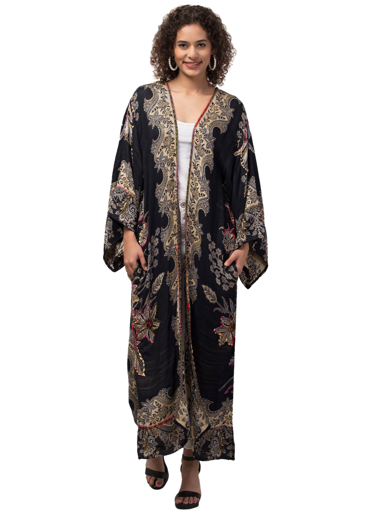 Carolina Cara Kimono Jacket featuring intricate hand embroidery and thick-stitched fabric, showcasing a bohemian chic style.