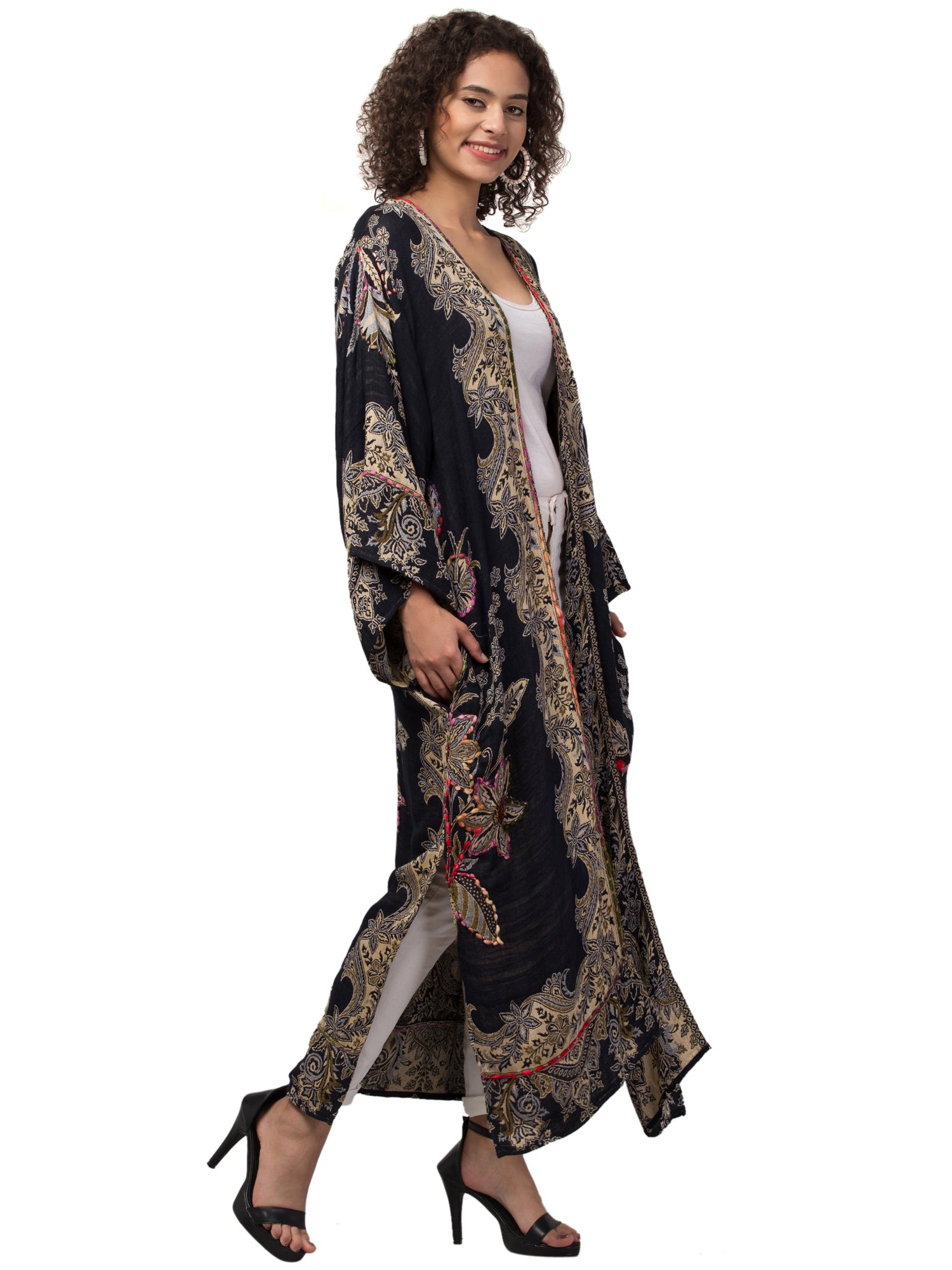 Carolina Cara Kimono Jacket featuring intricate hand embroidery and thick-stitched fabric, showcasing a bohemian chic style.