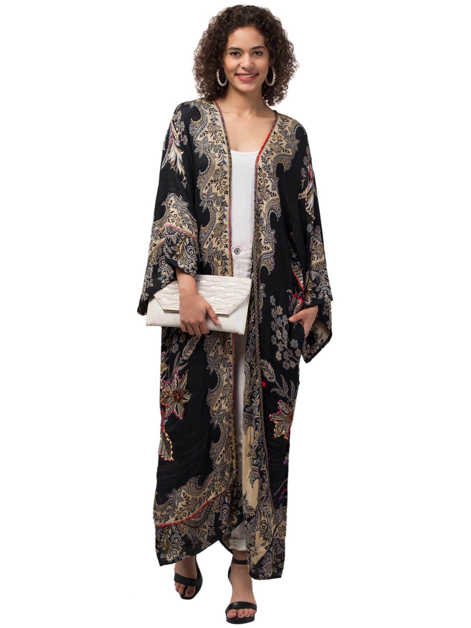 Carolina Cara Kimono Jacket featuring intricate hand embroidery and thick-stitched fabric, showcasing a bohemian chic style.