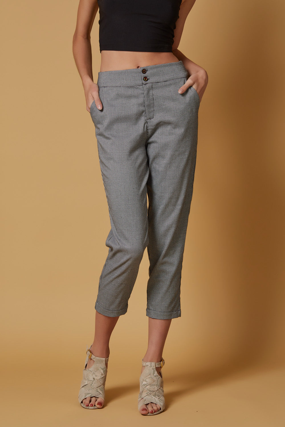 Carpe Diem Trouser featuring houndstooth pattern and double wood buttons, perfect for casual or formal wear.