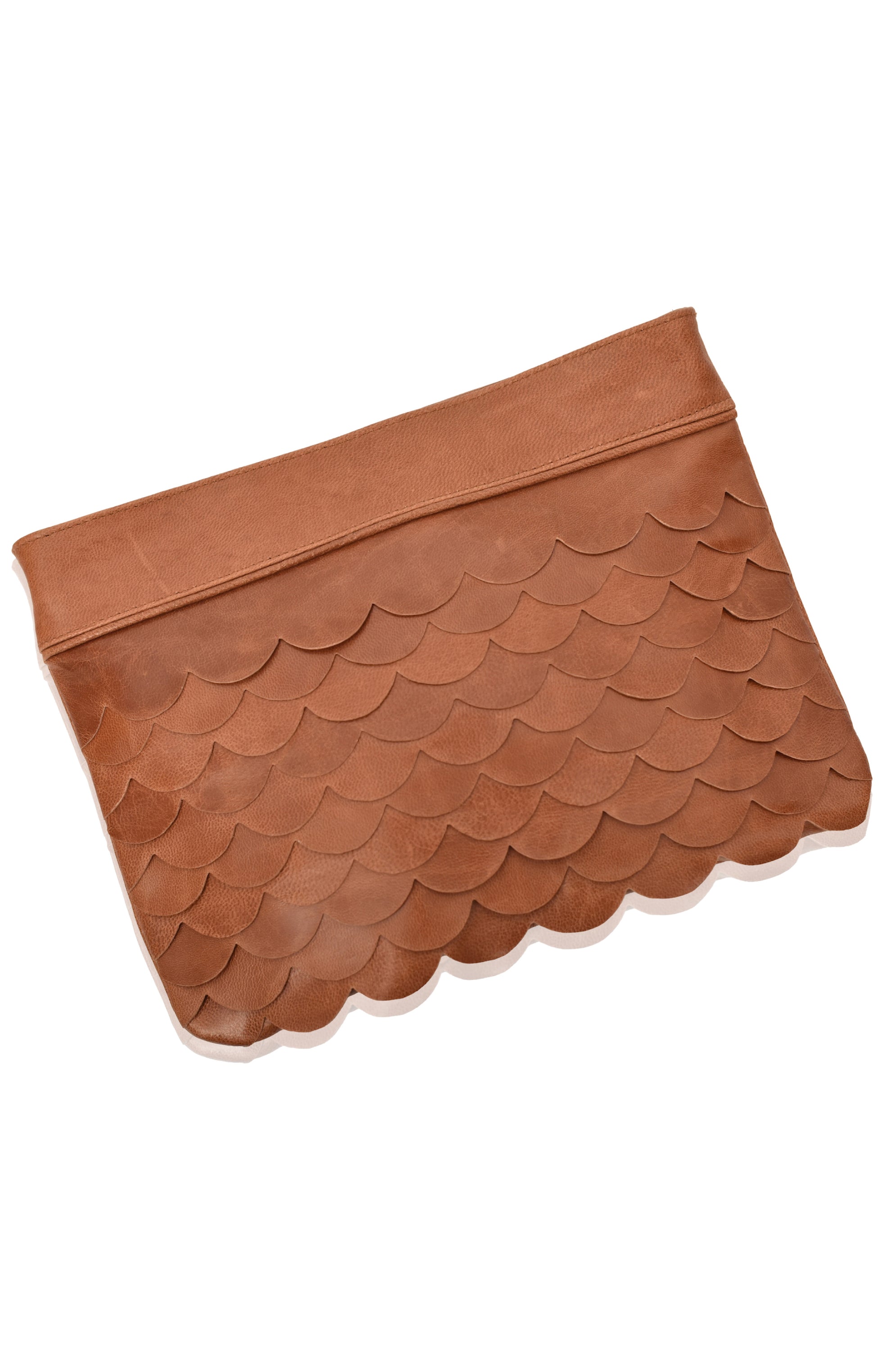 A stylish Cascade Crossbody Clutch featuring scallop-shaped leather layers, available in various colors, with a detachable strap.