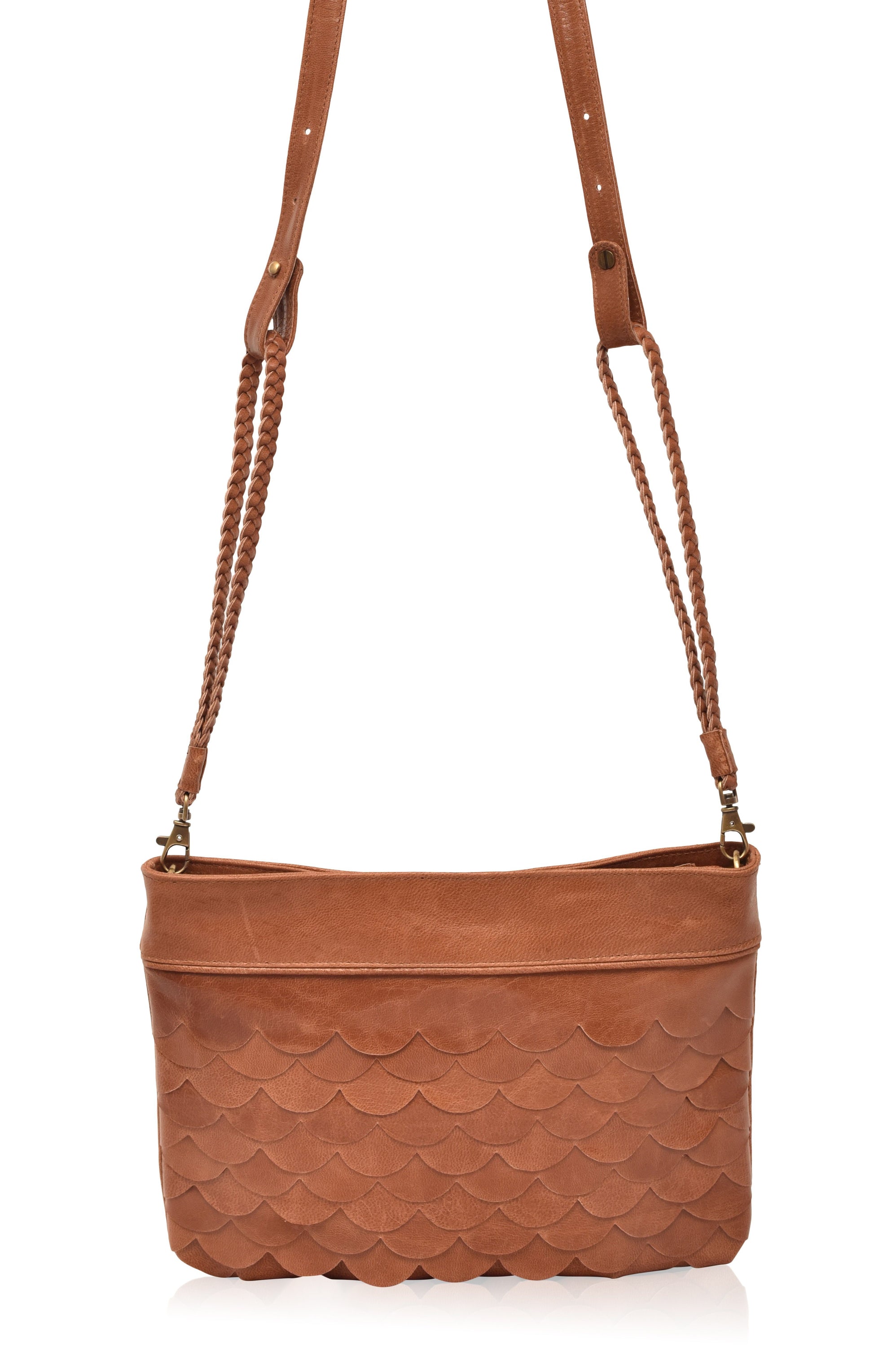 A stylish Cascade Crossbody Clutch featuring scallop-shaped leather layers, perfect for evening outings and casual wear.