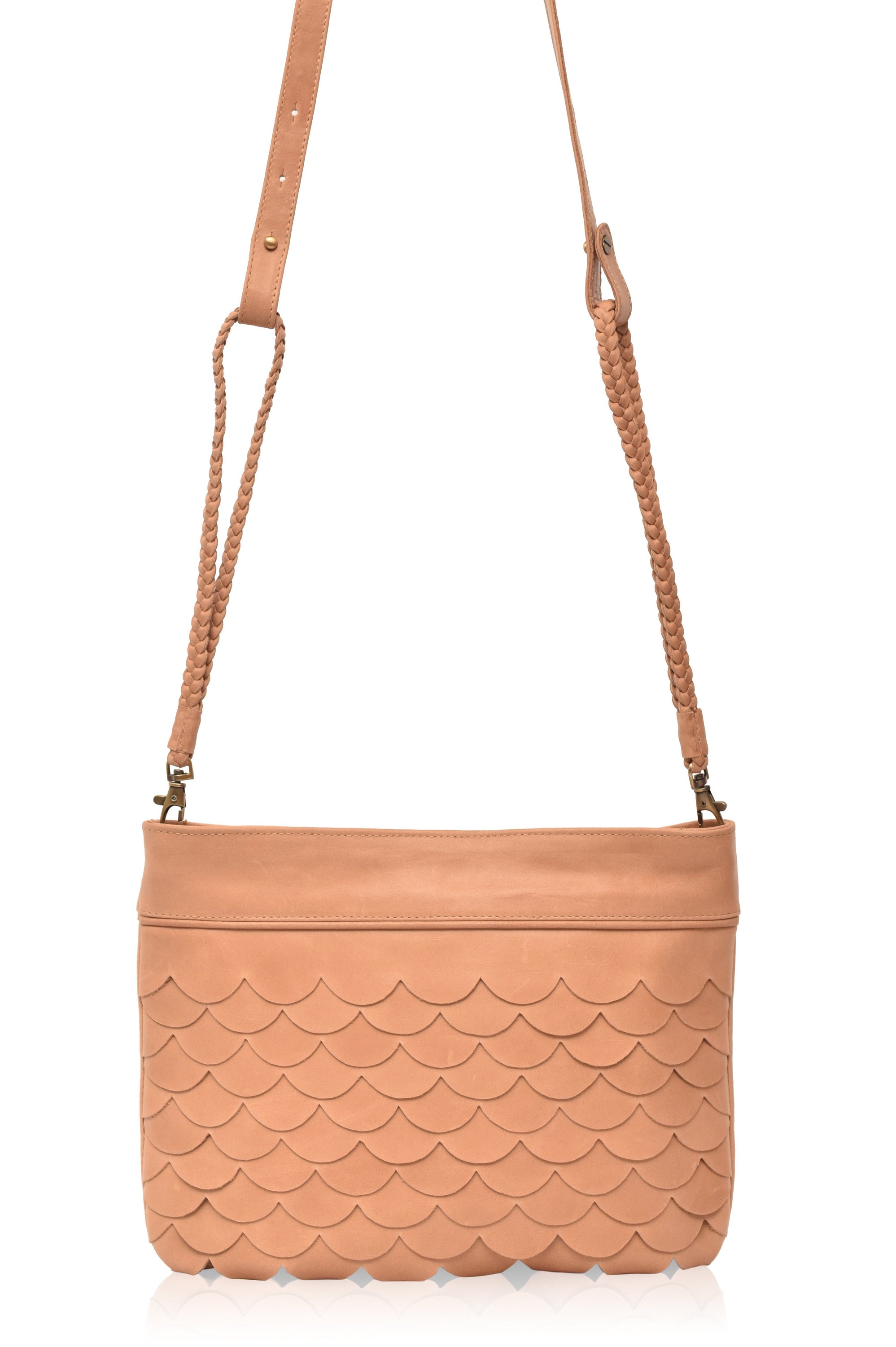 A stylish Cascade Crossbody Clutch featuring scallop-shaped leather layers, perfect for evening outings and casual wear.