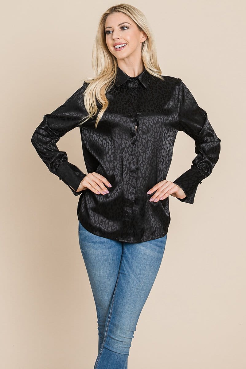 A stylish Casual Animal Print Satin Button Up Shirt Blouse featuring a V-neck, long sleeves, and a trendy animal print design, perfect for various occasions.