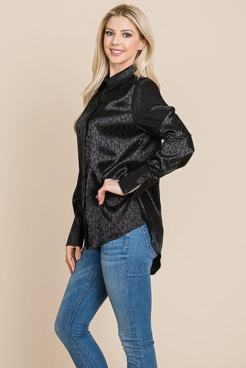 A stylish Casual Animal Print Satin Button Up Shirt Blouse featuring a V-neck, long sleeves, and a trendy animal print design, perfect for various occasions.