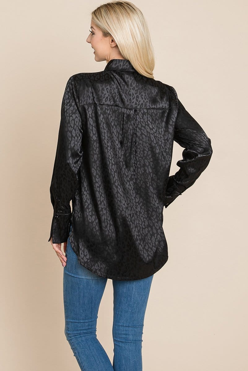 A stylish Casual Animal Print Satin Button Up Shirt Blouse featuring a V-neck, long sleeves, and a trendy animal print design, perfect for various occasions.