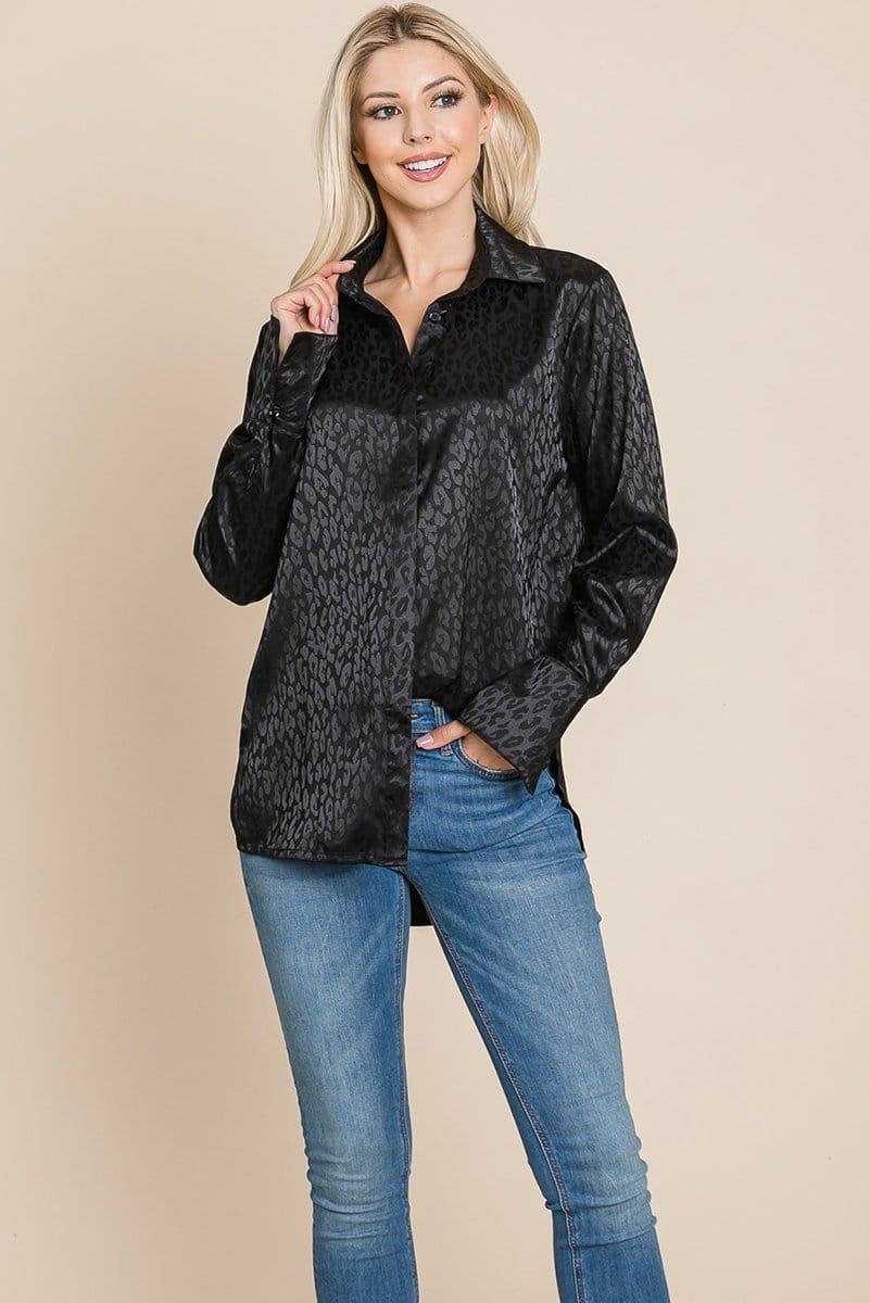 A stylish Casual Animal Print Satin Button Up Shirt Blouse featuring a V-neck, long sleeves, and a trendy animal print design, perfect for various occasions.