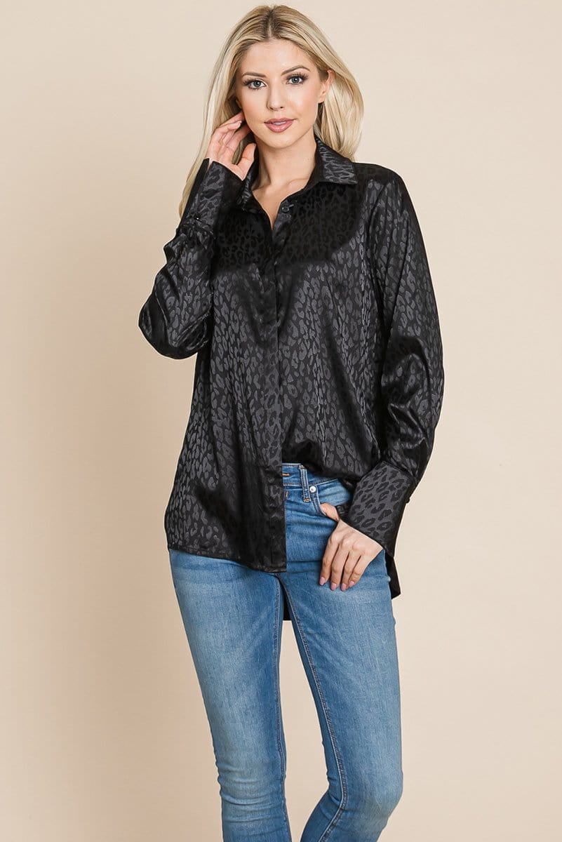 A stylish Casual Animal Print Satin Button Up Shirt Blouse featuring a V-neck, long sleeves, and a trendy animal print design, perfect for various occasions.