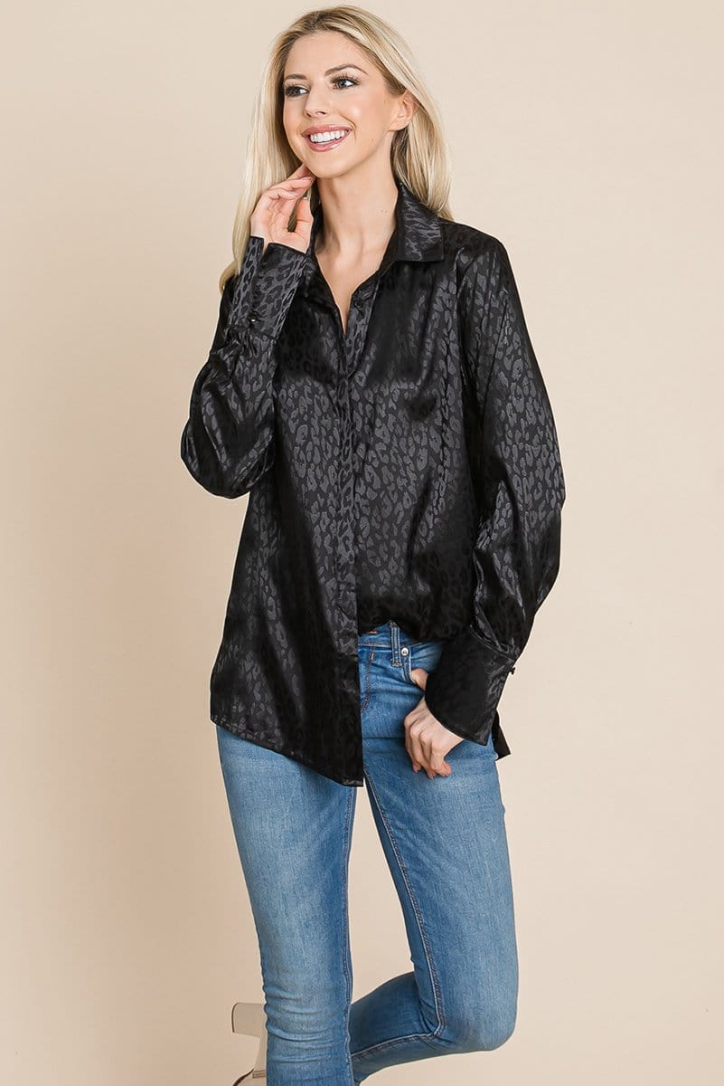 A stylish Casual Animal Print Satin Button Up Shirt Blouse featuring a V-neck, long sleeves, and a trendy animal print design, perfect for various occasions.