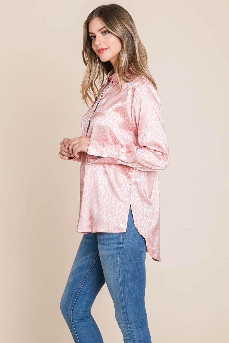 A stylish Casual Animal Print Satin Button Up Shirt Blouse featuring a V-neck, long sleeves, and a trendy animal print design, perfect for various occasions.