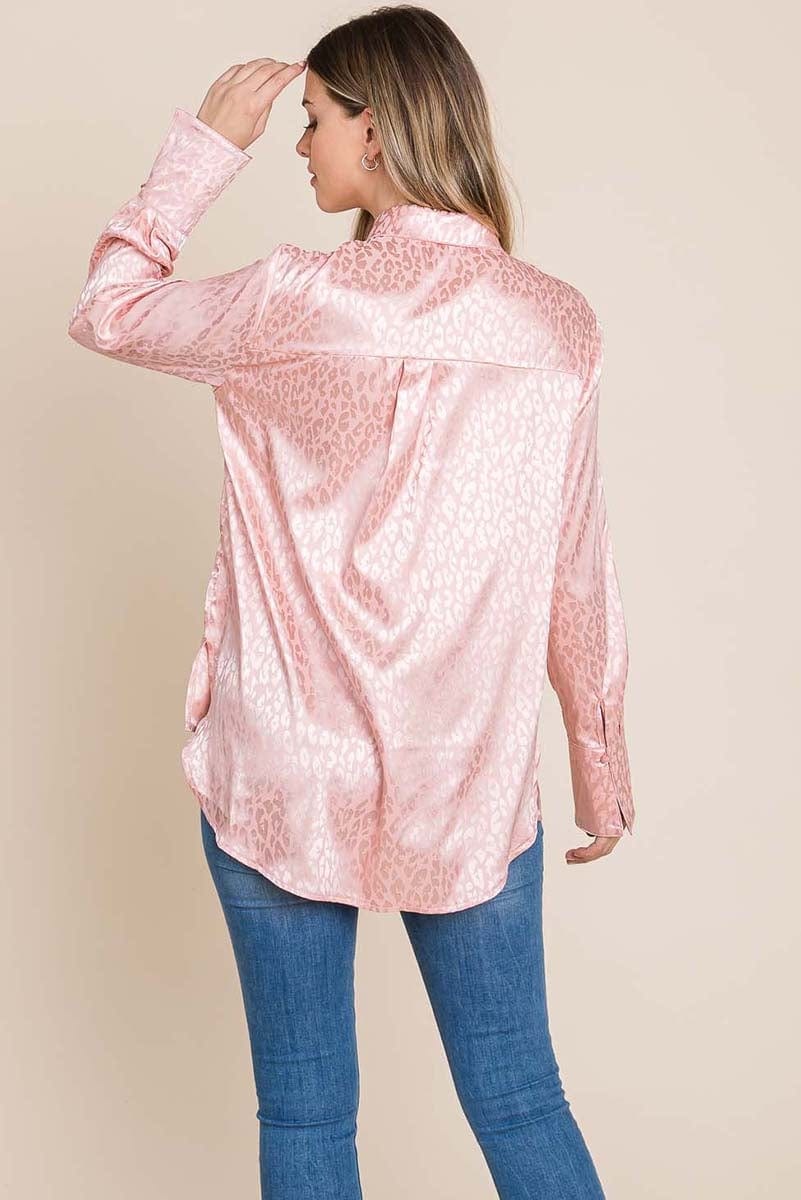 A stylish Casual Animal Print Satin Button Up Shirt Blouse featuring a V-neck, long sleeves, and a trendy animal print design, perfect for various occasions.