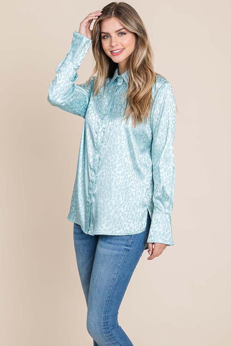 A stylish Casual Animal Print Satin Button Up Shirt Blouse featuring a V-neck, long sleeves, and a trendy animal print design, perfect for various occasions.