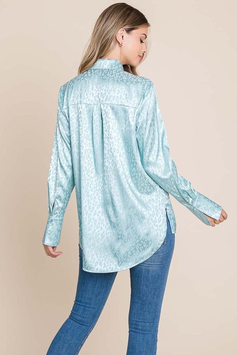 A stylish Casual Animal Print Satin Button Up Shirt Blouse featuring a V-neck, long sleeves, and a trendy animal print design, perfect for various occasions.