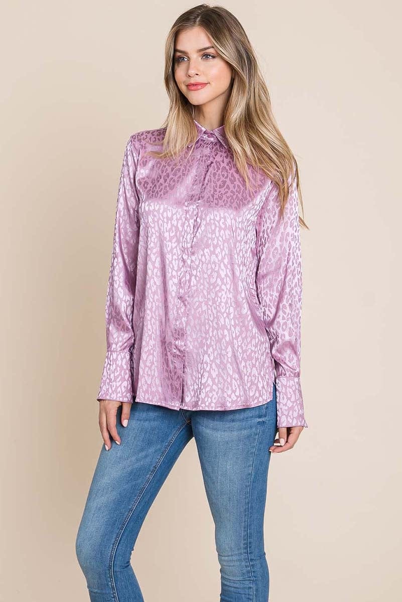 A stylish Casual Animal Print Satin Button Up Shirt Blouse featuring a V-neck, long sleeves, and a trendy animal print design, perfect for various occasions.