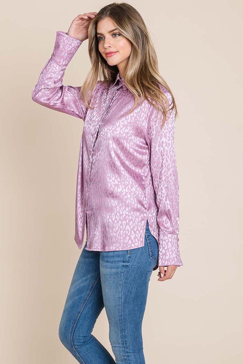 A stylish Casual Animal Print Satin Button Up Shirt Blouse featuring a V-neck, long sleeves, and a trendy animal print design, perfect for various occasions.