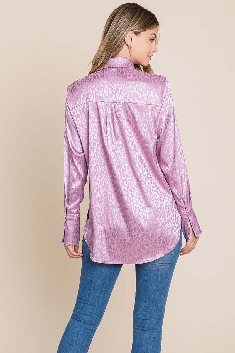 A stylish Casual Animal Print Satin Button Up Shirt Blouse featuring a V-neck, long sleeves, and a trendy animal print design, perfect for various occasions.