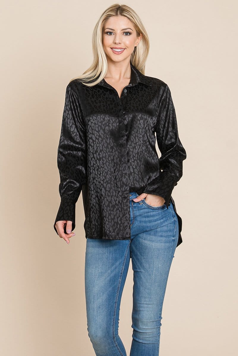 A stylish Casual Animal Print Satin Button Up Shirt Blouse featuring a V-neck, long sleeves, and a trendy animal print design, perfect for various occasions.