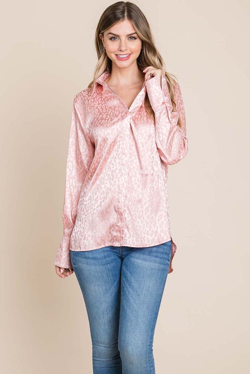 A stylish Casual Animal Print Satin Button Up Shirt Blouse featuring a V-neck, long sleeves, and a trendy animal print design, perfect for various occasions.