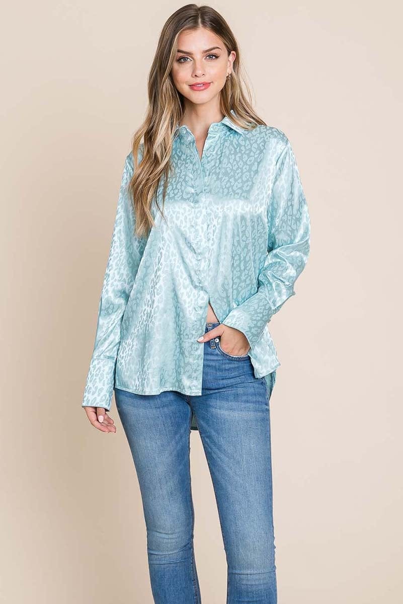 A stylish Casual Animal Print Satin Button Up Shirt Blouse featuring a V-neck, long sleeves, and a trendy animal print design, perfect for various occasions.