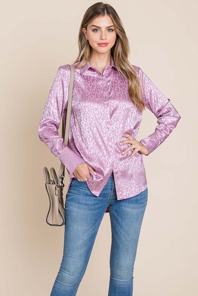 A stylish Casual Animal Print Satin Button Up Shirt Blouse featuring a V-neck, long sleeves, and a trendy animal print design, perfect for various occasions.