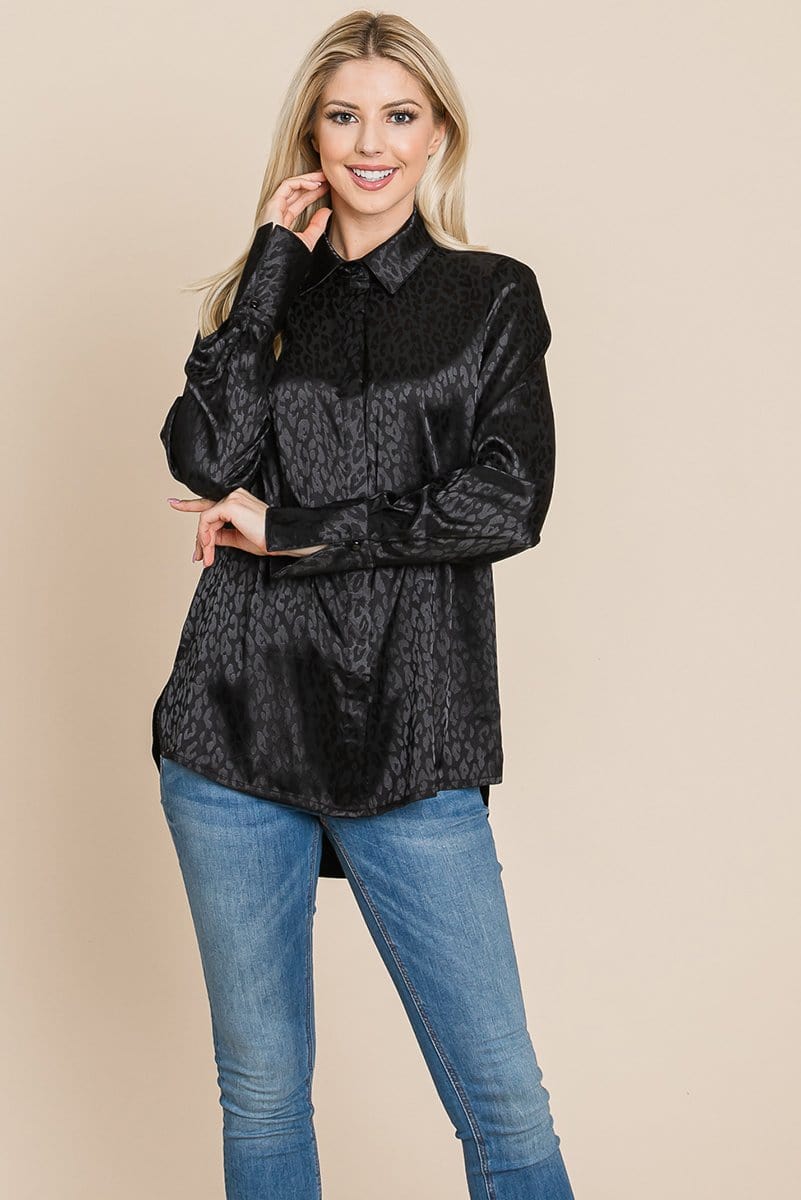 A stylish Casual Animal Print Satin Button Up Shirt Blouse featuring a V-neck, long sleeves, and a trendy animal print design, perfect for various occasions.