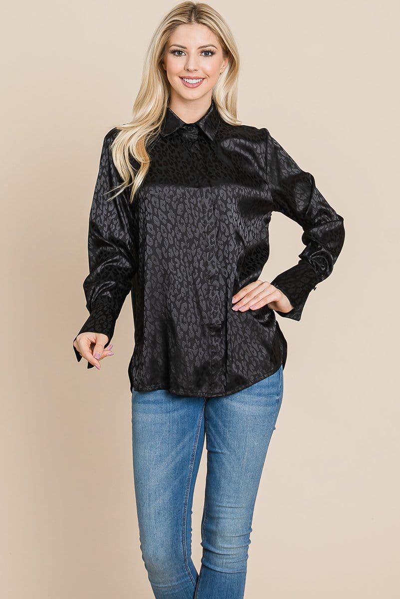 A stylish Casual Animal Print Satin Button Up Shirt Blouse featuring a V-neck, long sleeves, and a trendy animal print design, perfect for various occasions.