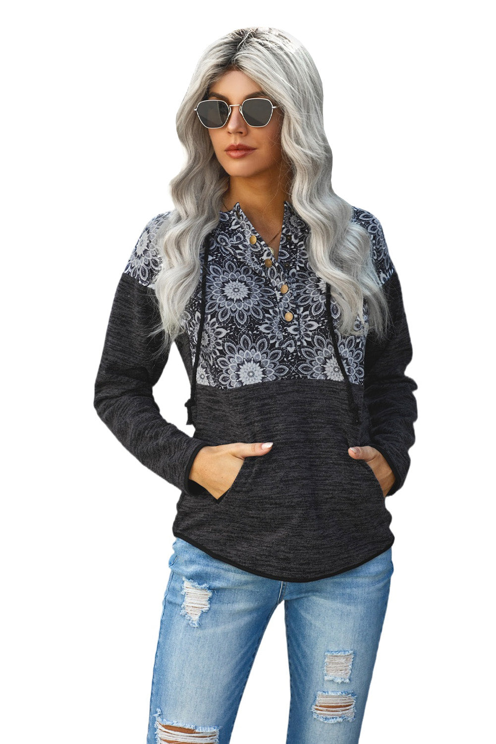 Casual black hoodie featuring a vintage tribal print, adjustable buttons at the neckline, and a practical pocket, perfect for casual wear.