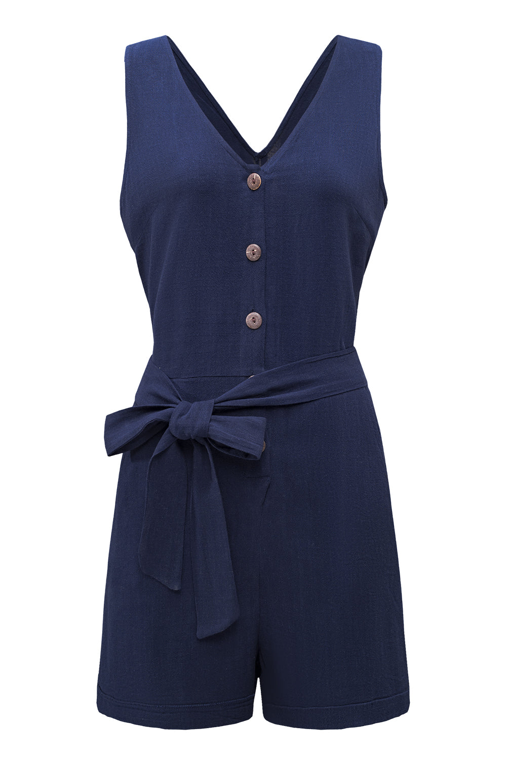 Casual blue sleeveless romper featuring a v-neck, button details, and a stylish waist belt, perfect for summer outings.