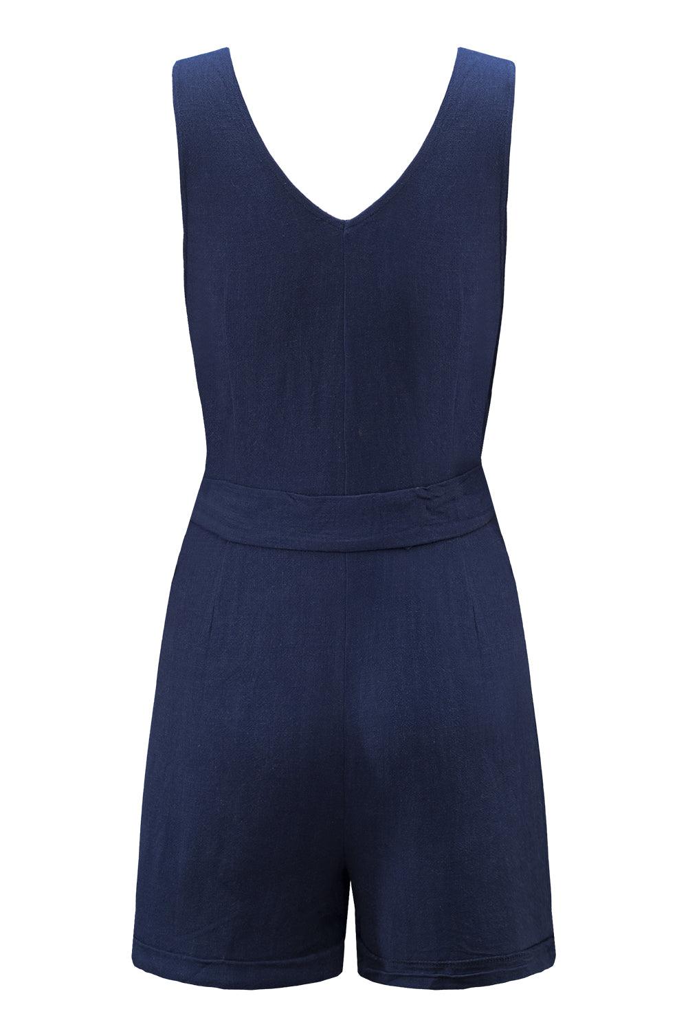 Casual blue sleeveless romper featuring a v-neck, button details, and a stylish waist belt, perfect for summer outings.