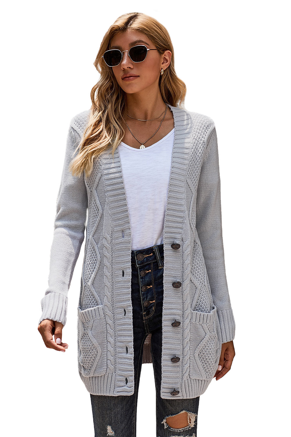 Casual gray cardigan with front pockets and button closure, showcasing a unique knit pattern, perfect for winter wear.