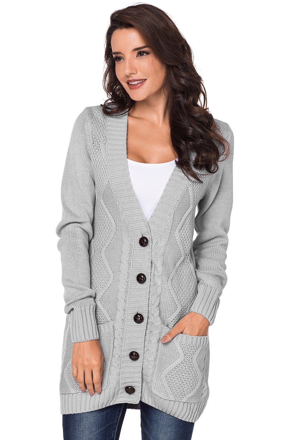 Casual gray cardigan with front pockets and button closure, showcasing a unique knit pattern, perfect for winter wear.