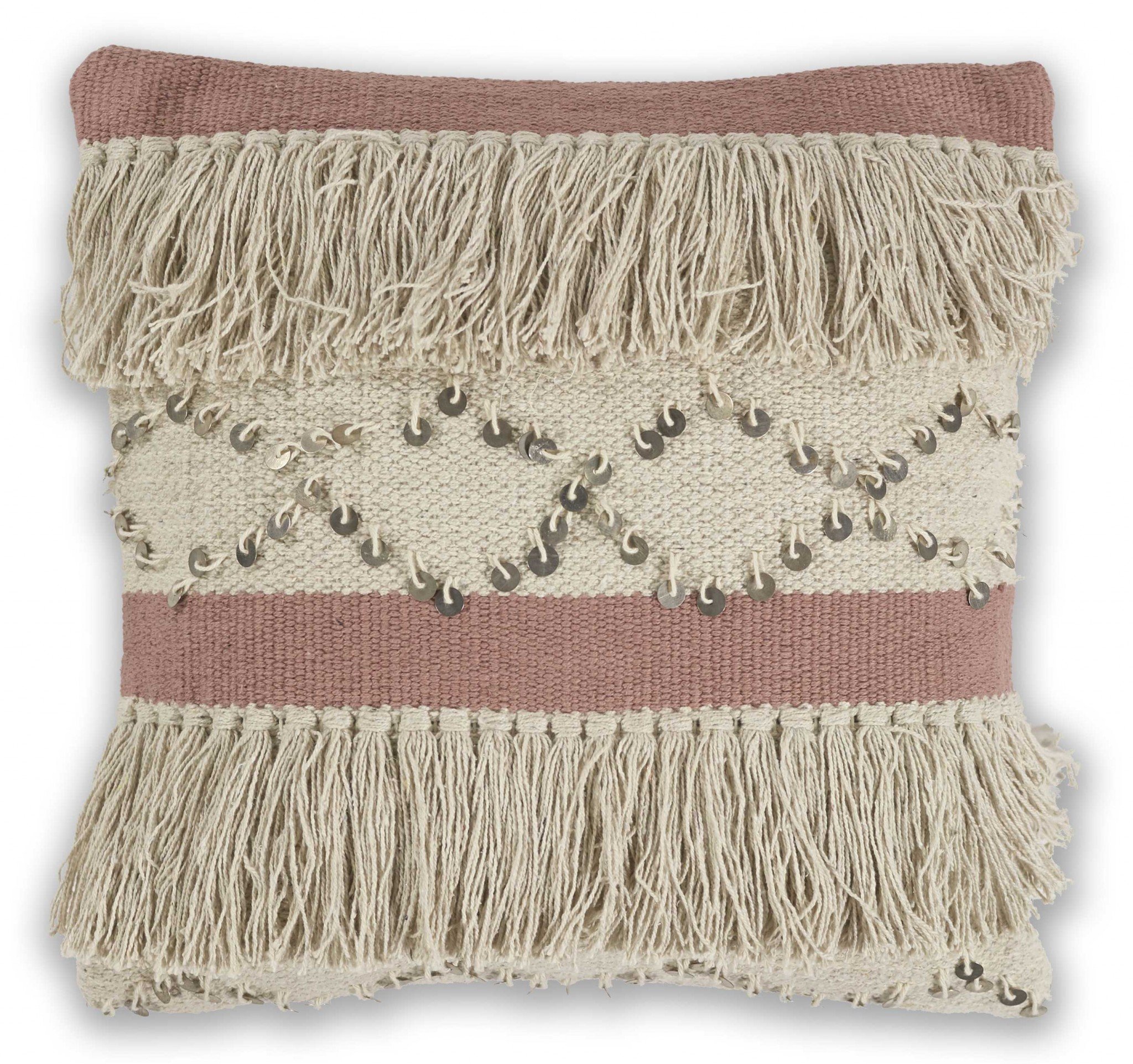 Casual Square Texture Tassel Blush Accent Pillow featuring a multi-textured design in blush and ivory colors with tassel accents.