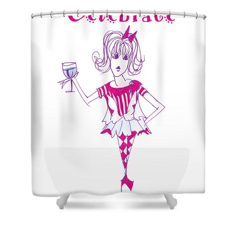 Celebrate Bibi Because shower curtain made of 100% polyester, featuring vibrant design, 71" x 74" dimensions, and 12 hanging holes.