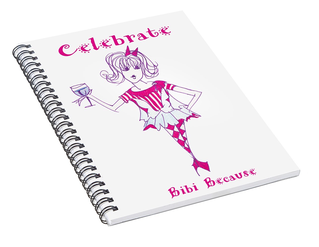 Celebrate Bibi Because Spiral Notebook featuring vibrant artwork on the front cover, thick paper stock, and a medium gray back cover with a storage pocket.