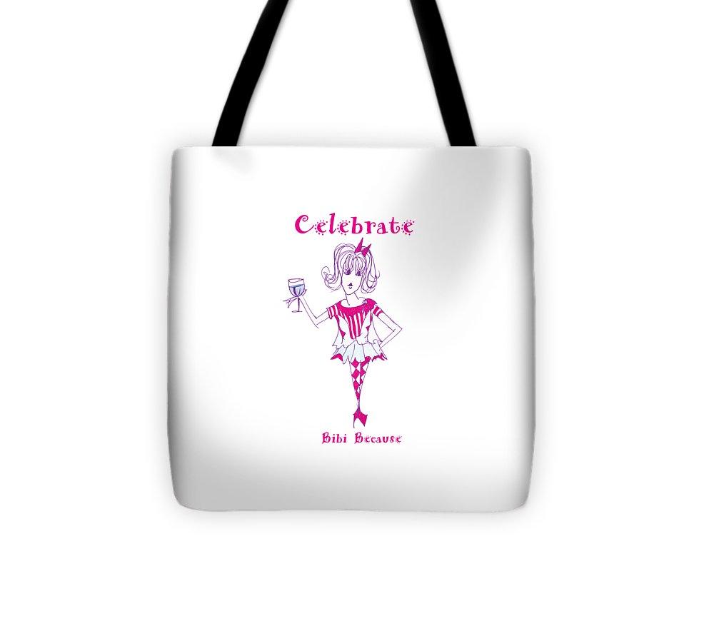 Celebrate Bibi Because Tote Bag featuring vibrant design, durable fabric, and comfortable black strap.