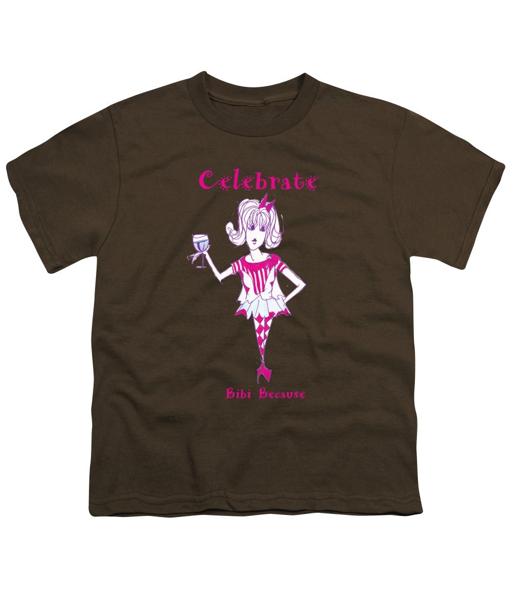 Celebrate Bibi Because Youth T-Shirt made from 100% pre-shrunk cotton, available in various sizes, showcasing a stylish design.