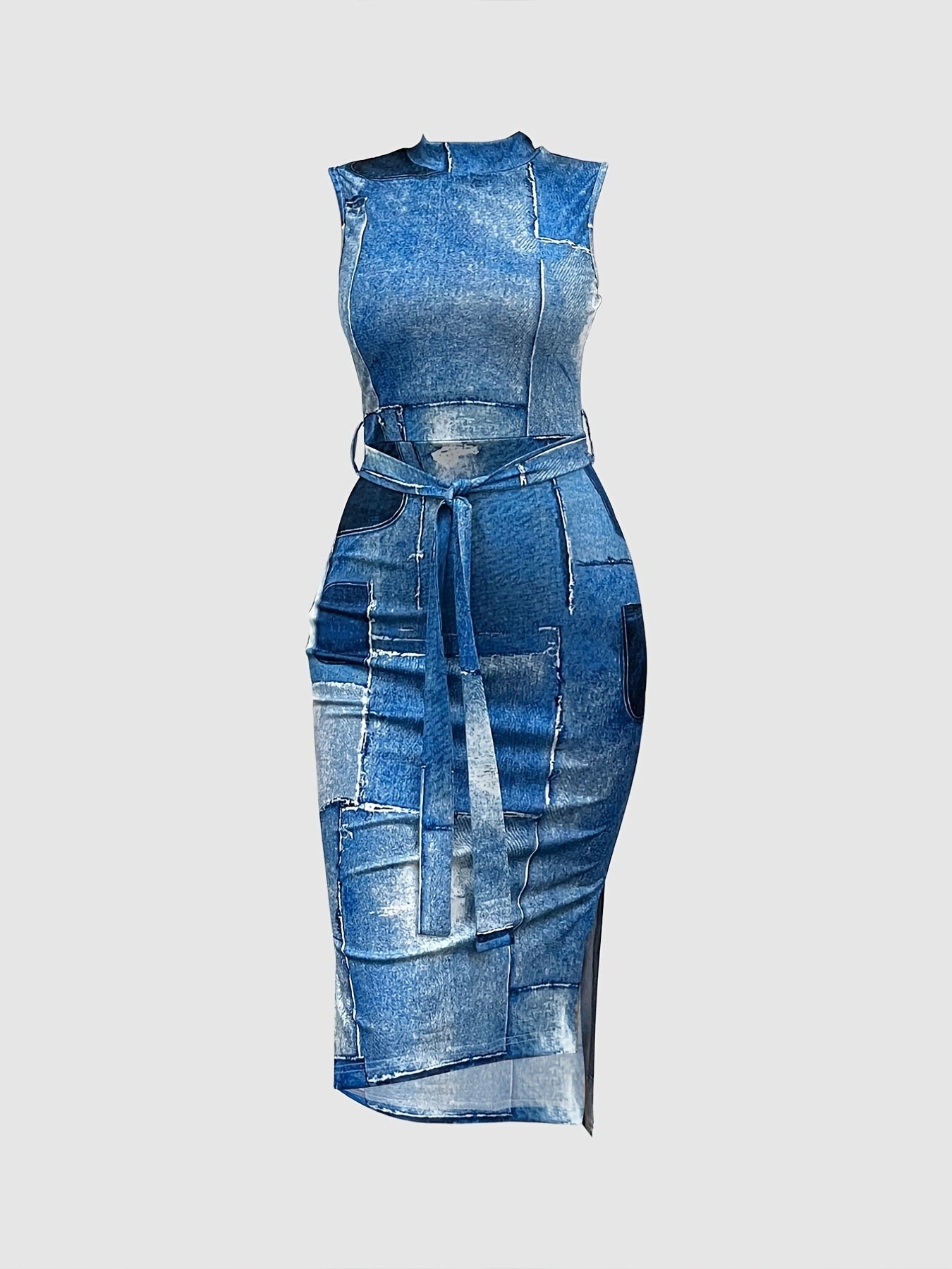 Celeste Patchwork Denim Dress featuring a round neck, sleeveless design, and split hem, showcasing a stylish patchwork pattern.