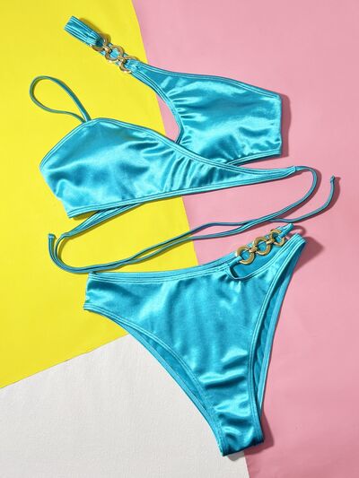 Chain Detail Crisscross Bikini Set featuring stylish chain accents and a two-piece design, perfect for beach outings.