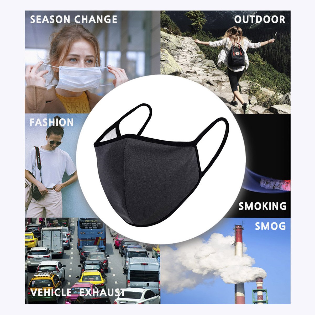 Charcoal 3-layered filter face cover PM2006, featuring a polyester exterior and cotton interior, designed for comfort and protection.