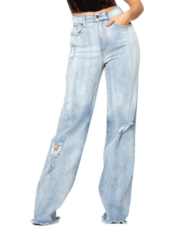 CHARLOTTE Wide Leg Jean in Light Denim featuring stone wash detail and raw hem, showcasing front and back pockets.