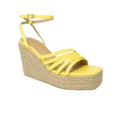 CHASE AND CHLOE Cordelia Platform Wedge Espadrille Sandal featuring an asymmetrical upper and adjustable ankle strap.