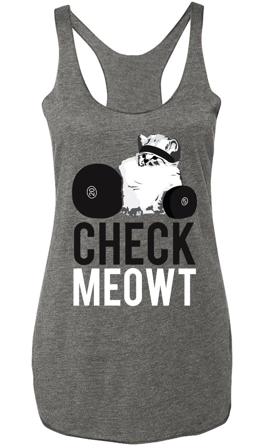 Heather Gray CHECK MEOWT Tank Top displayed on a mannequin, showcasing its relaxed fit and stylish slogan.